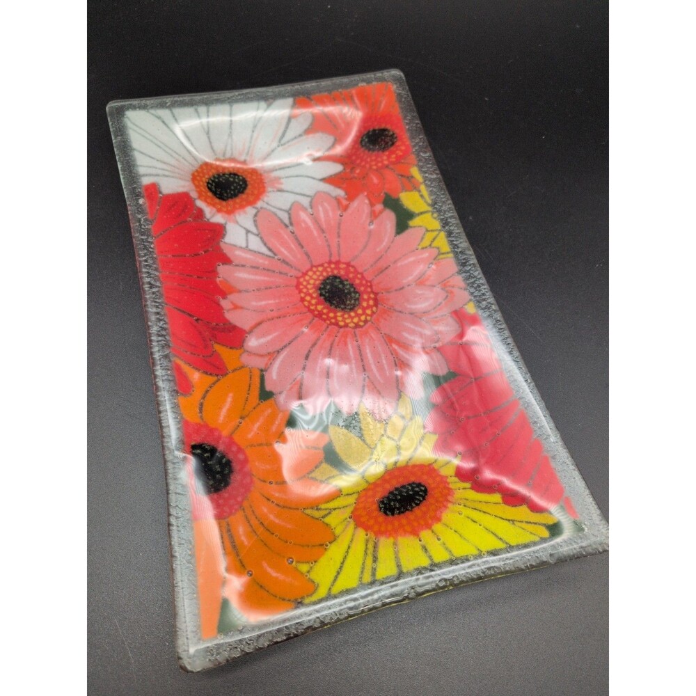 Peggy Karr Fused Glass 9 1/2x5 1/2” Gerber Daisy Rectangular Tray Signed
